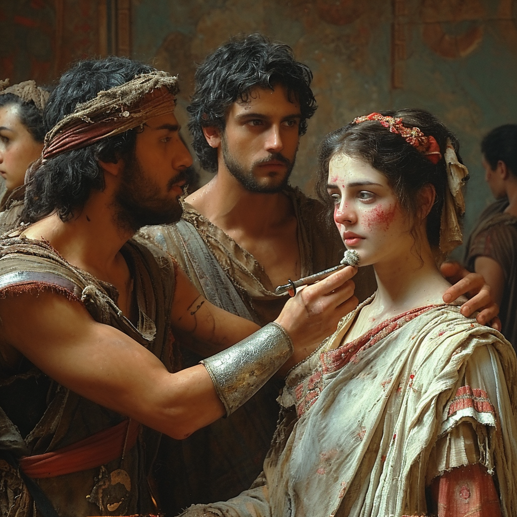 Woman being helped with makeup in ancient Greece