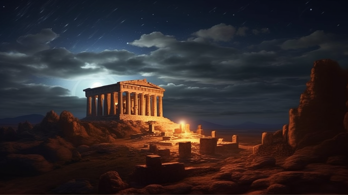 Serene moonlit landscape in ancient Greek night