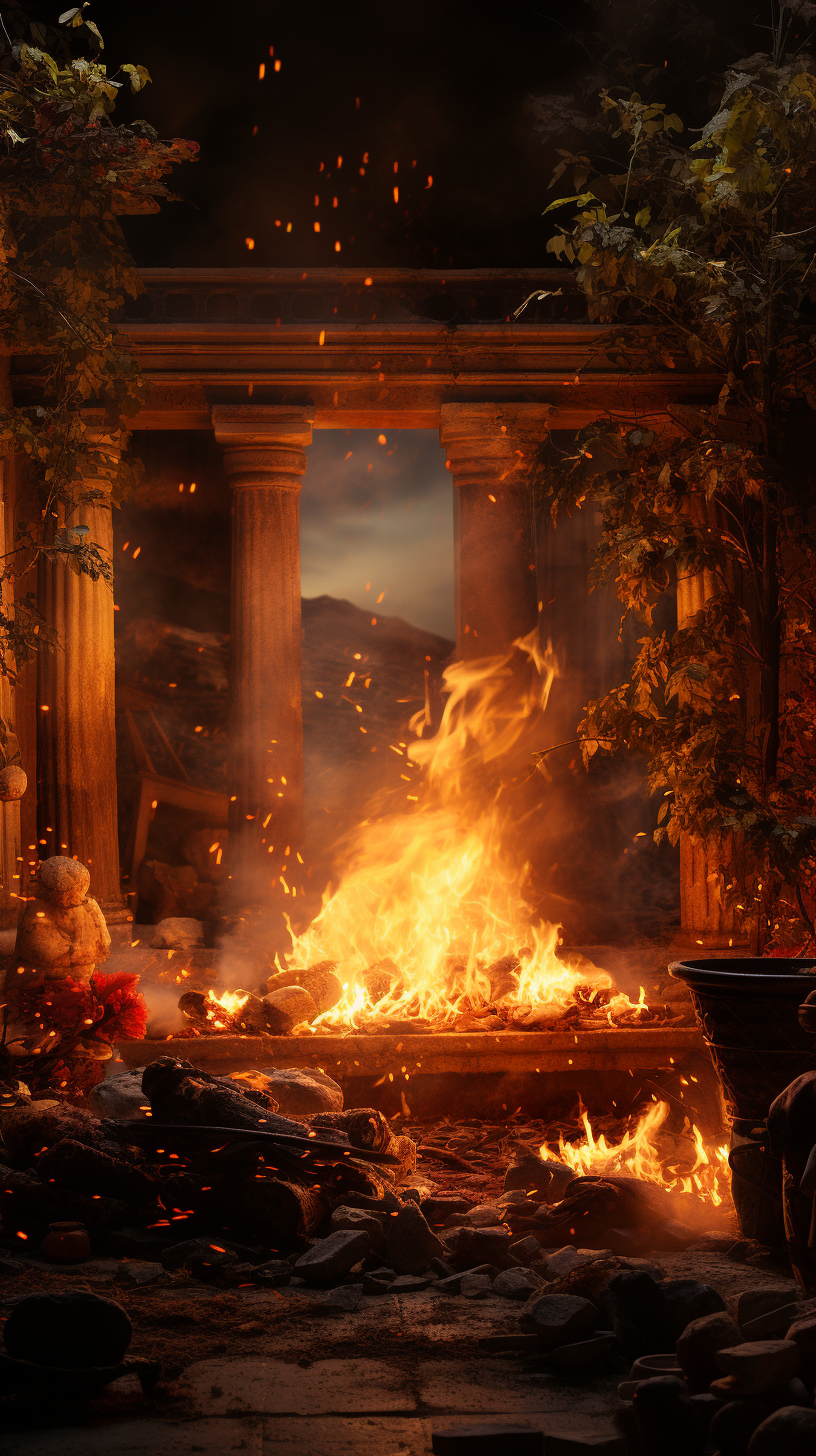 Ancient Greek room on fire with blurred background