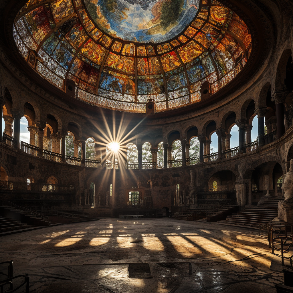 Stained glass dome revealing ancient Greek theater