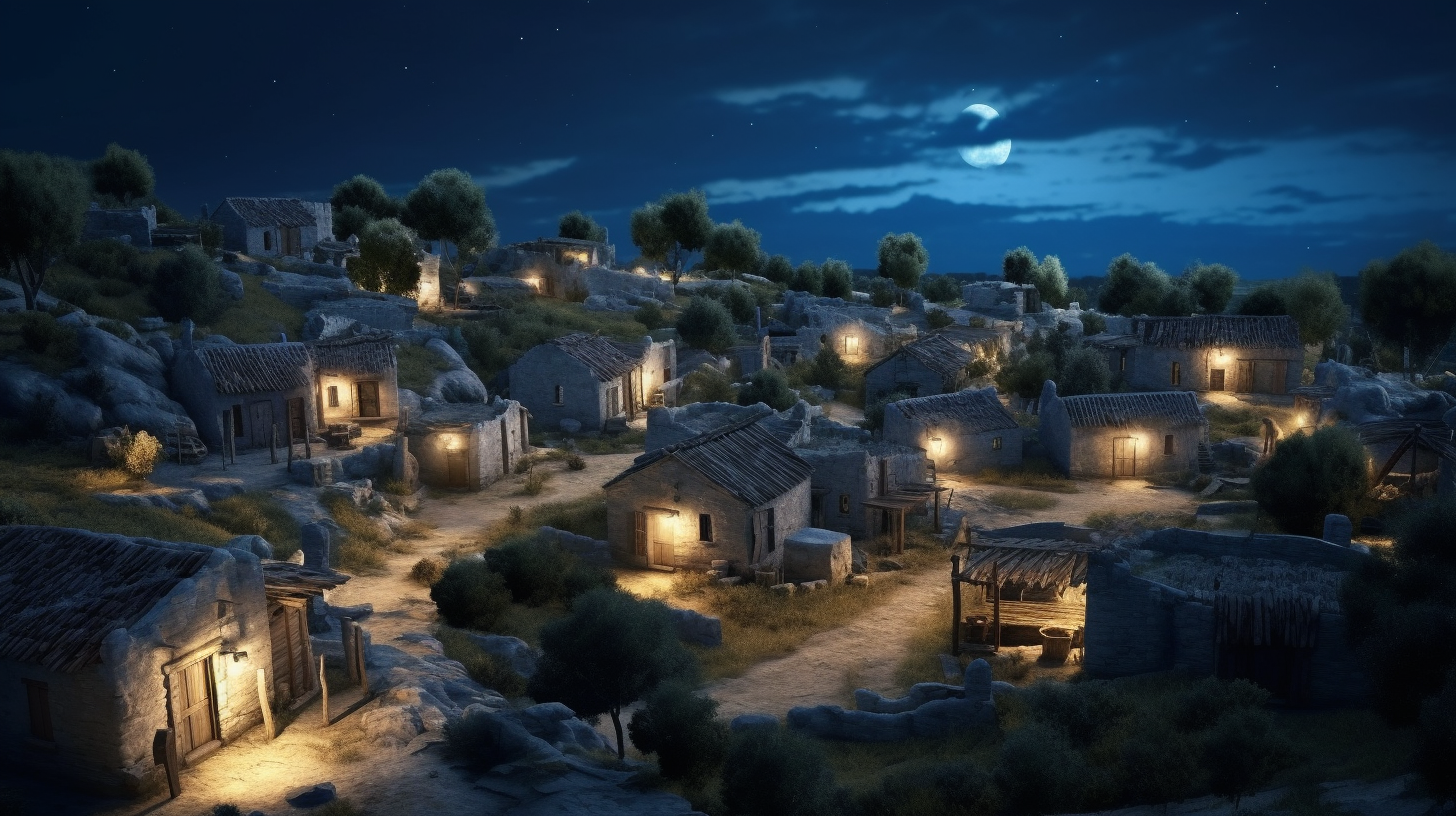 Ancient Greek Village in Moonlight