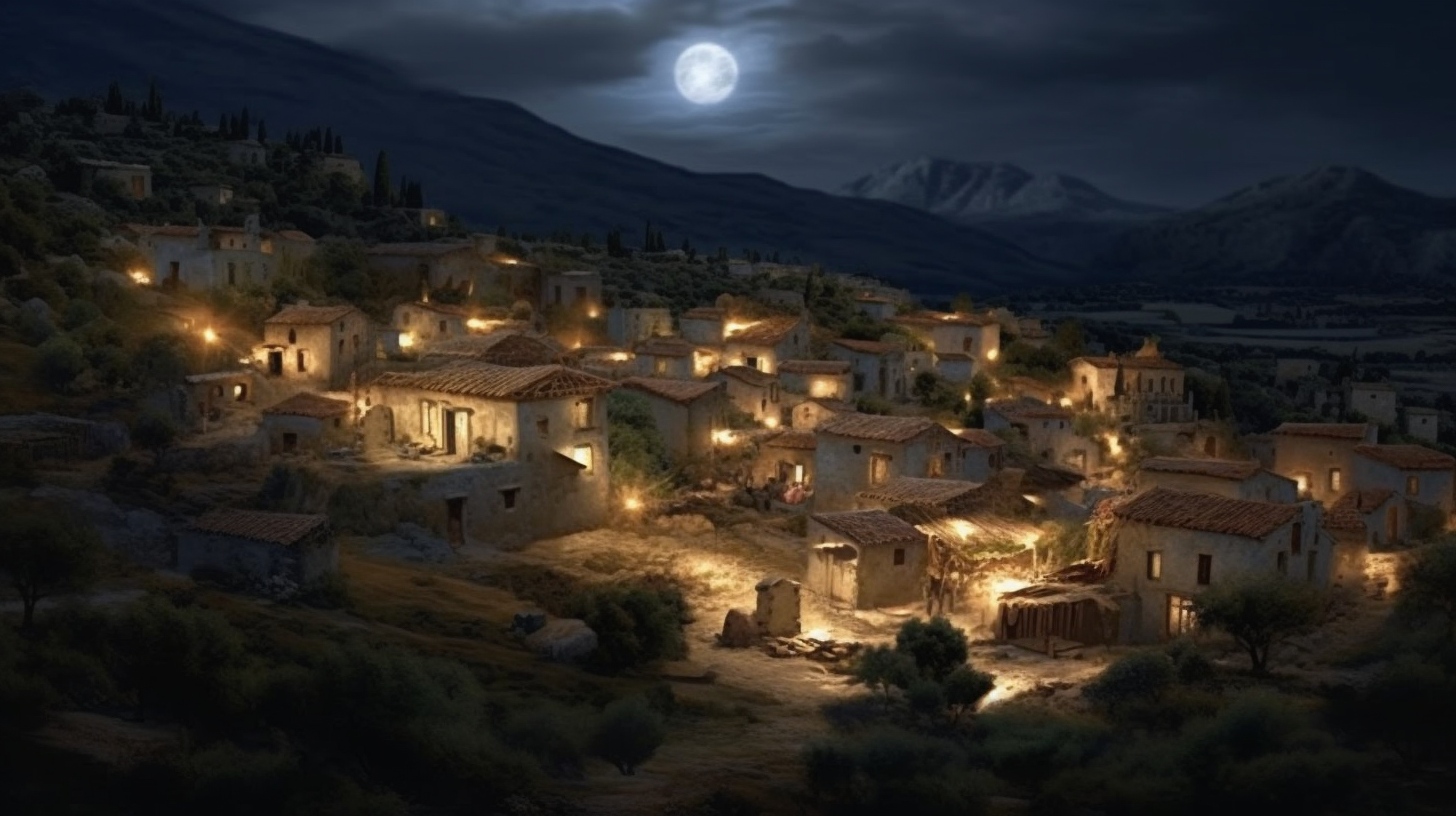 Serene moonlit Ancient Greek village