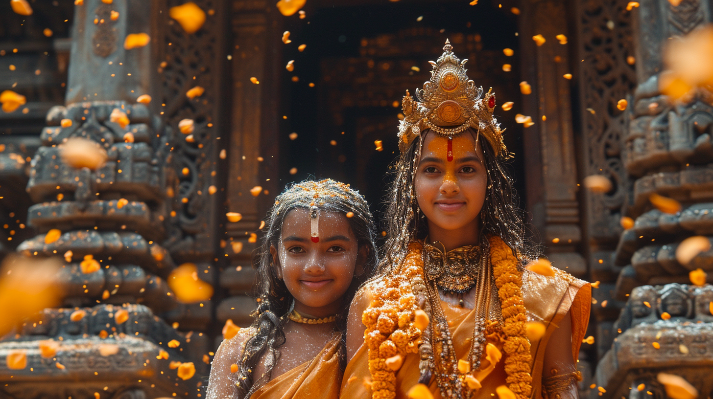 Smiling Hindu Boy and Girl in Ancient Temple