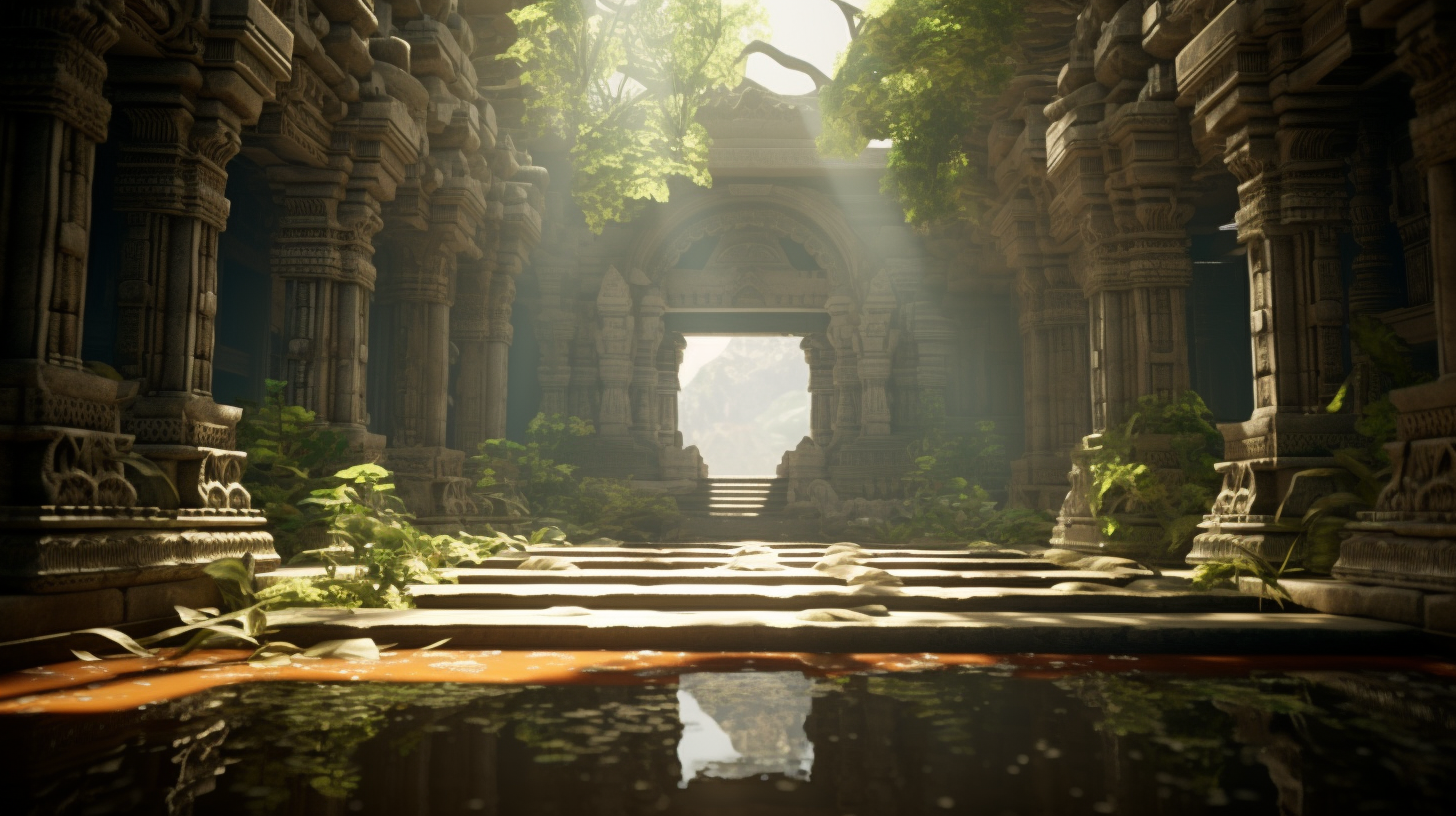 Sunlit interior of Ancient Hindu Temple