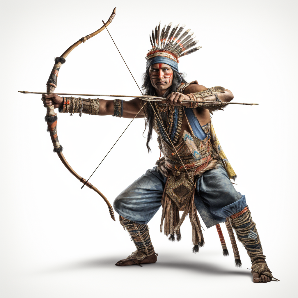 Ancient Indian Mauryan archer aiming bow dynamically