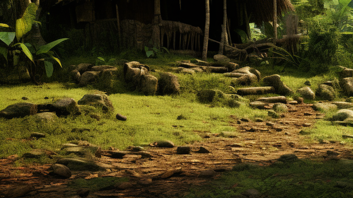 Thatchet ancient Indian open hut with lush greenery and open area in the foreground