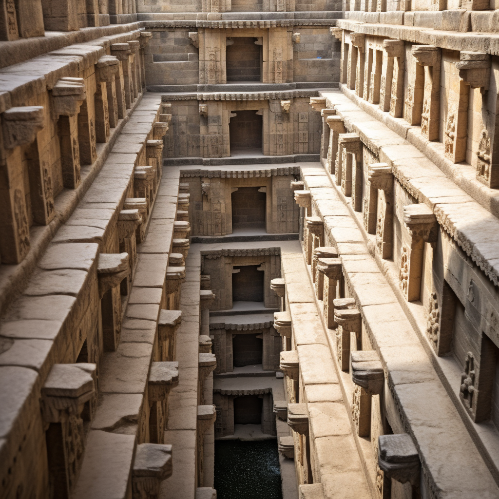 Realistic Ancient Indian Stepwell with People