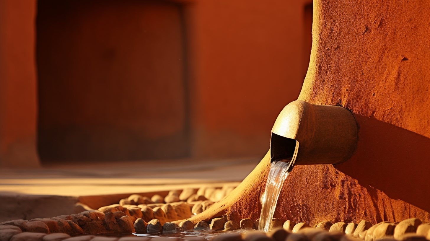 Water trickling from terracotta pipe into jar