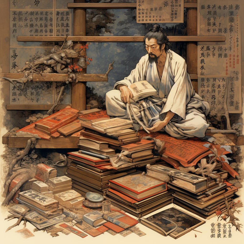 Ancient Japanese sage surrounded by books and scrolls