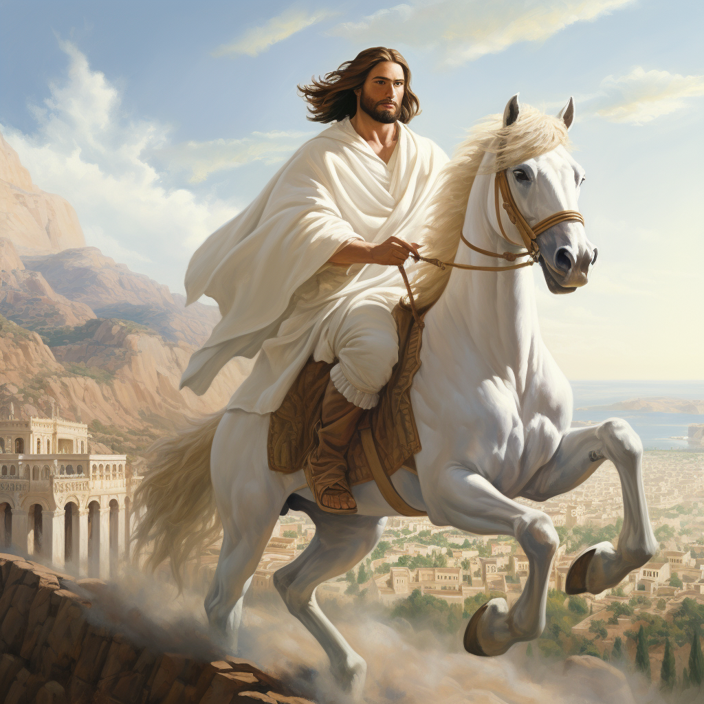 Jesus on a white donkey in ancient Jerusalem