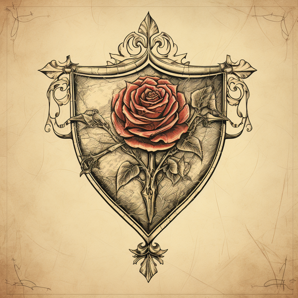 Detailed sketch of ancient knights crest with rose