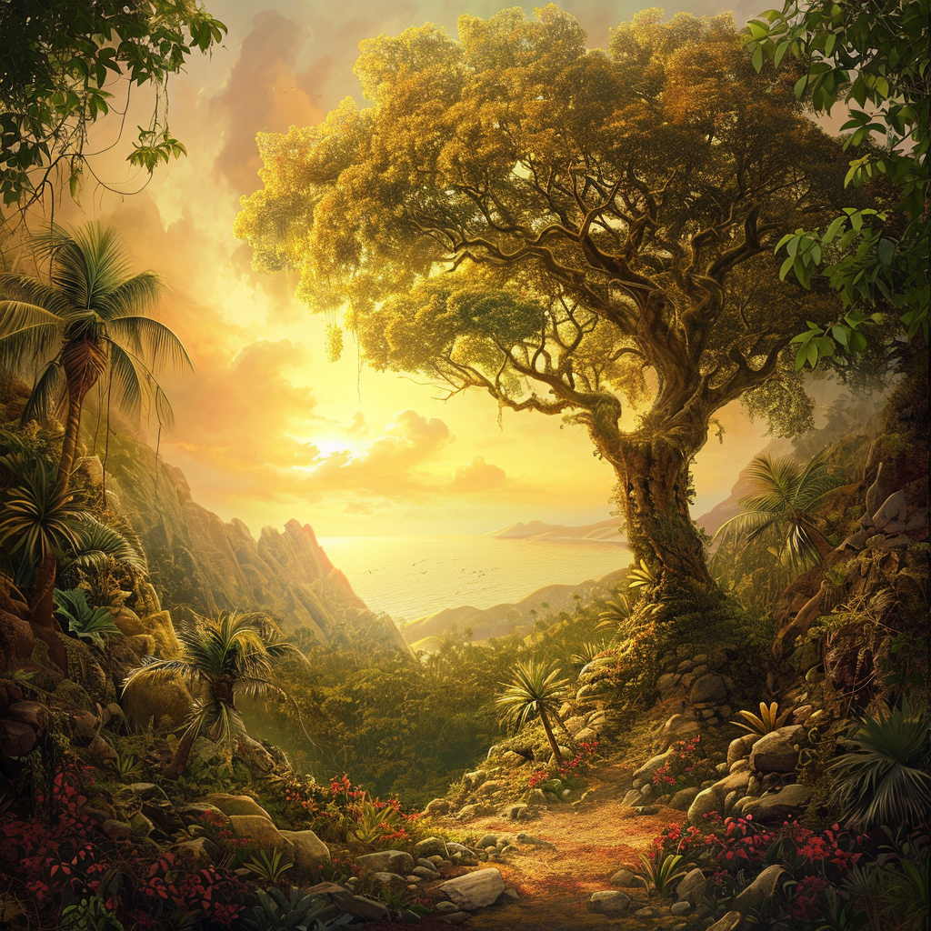 Ancient life in paradise with gold tree