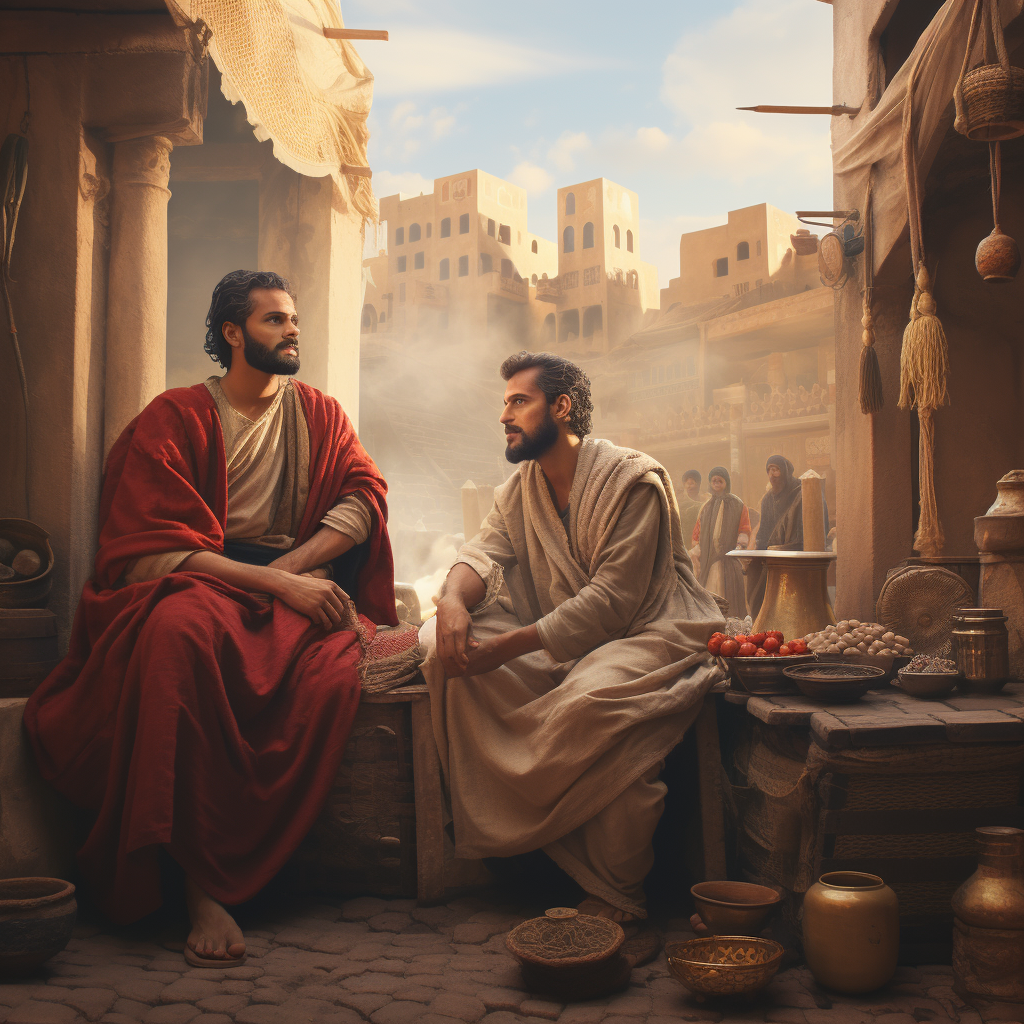 Actors in ancient market scene