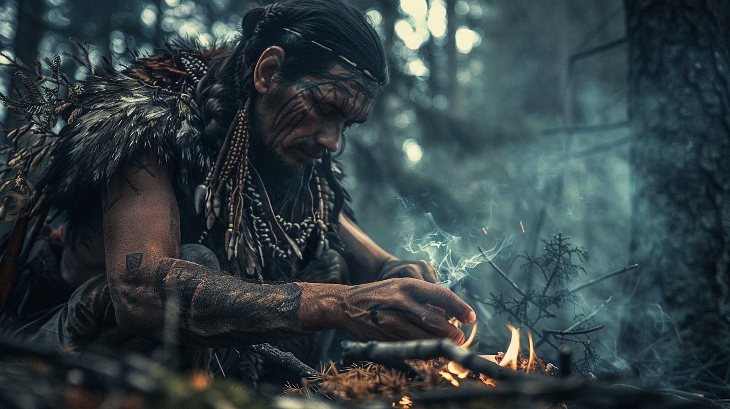 Normadic Warrior Making Fire in Woods