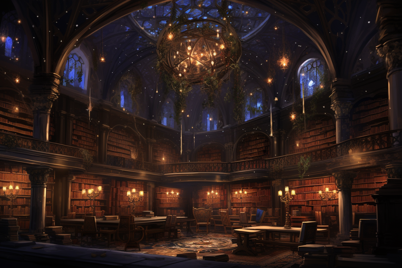 Ancient Persian library with candlelight and pathfinder illustration