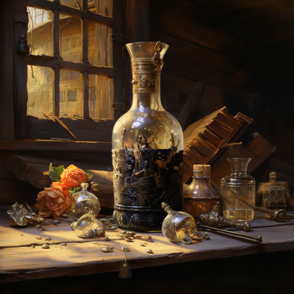 Ancient riches on table with bottle and naval