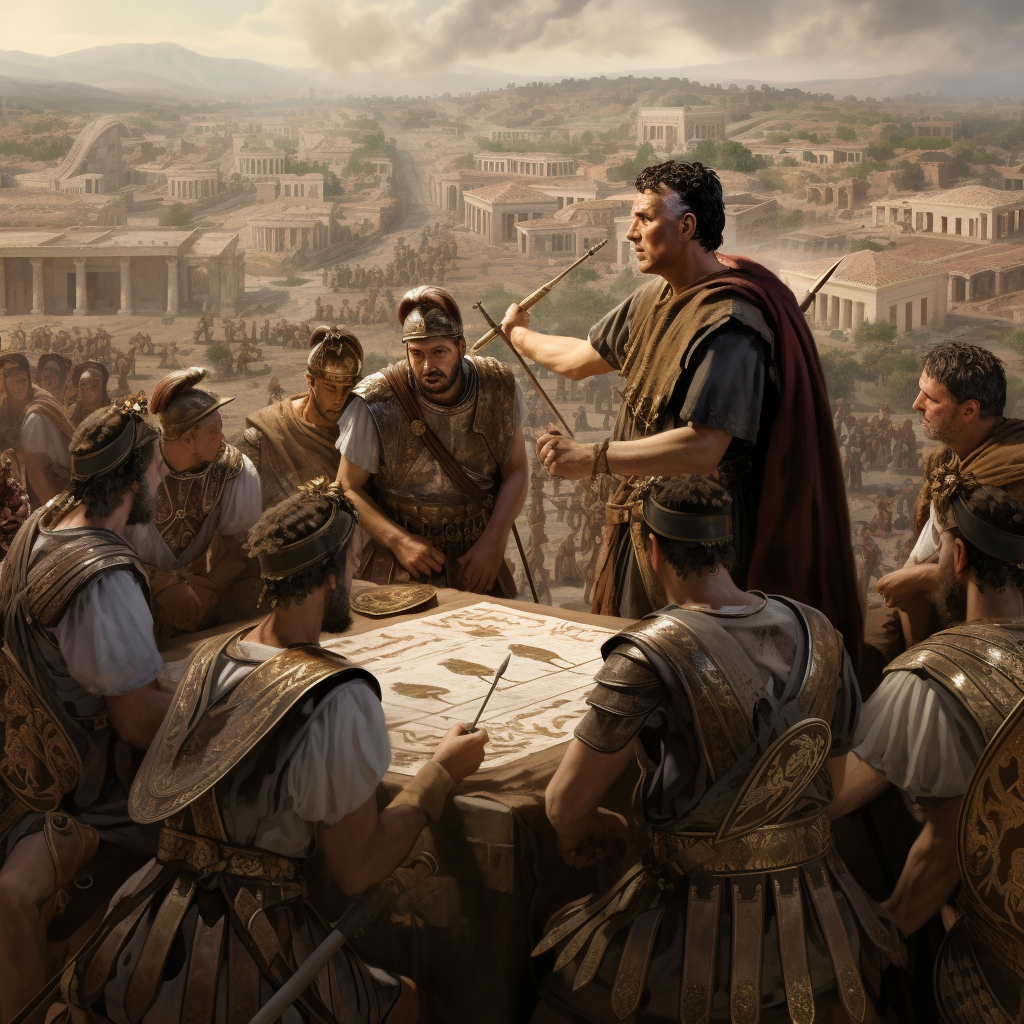 Group of ancient Roman generals discussing battle strategy