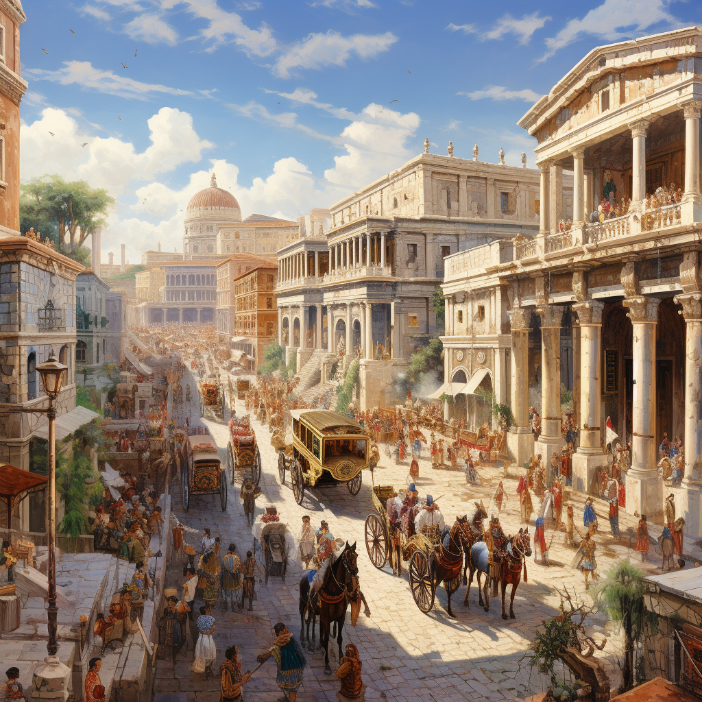 Vibrant depiction of Ancient Rome's bustling streets