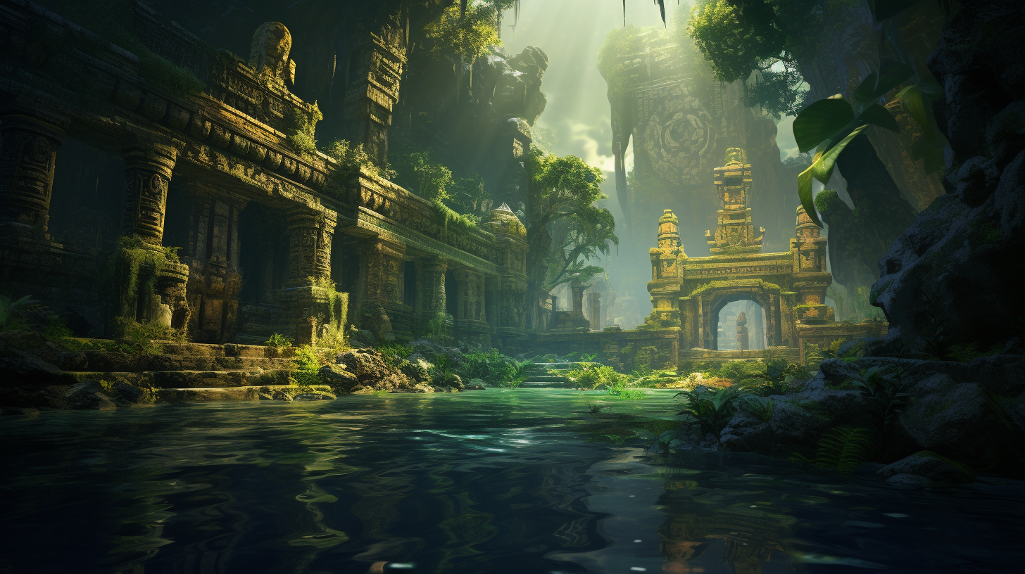 Ancient ruins with a magical glow in the jungle