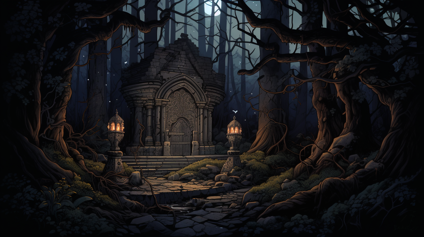 Dark forest shrine in evening