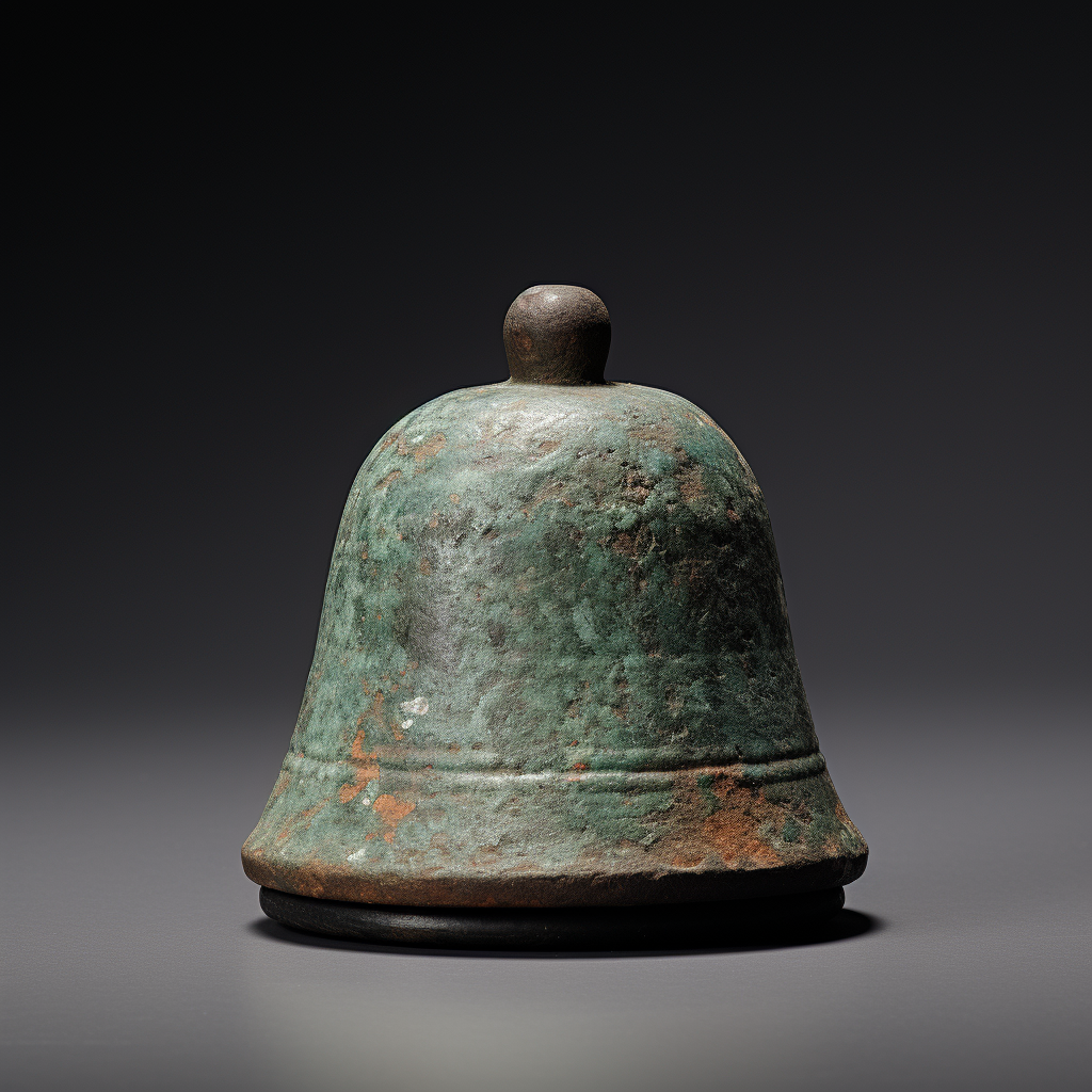 Ancient small round bell with verdigris and scratches