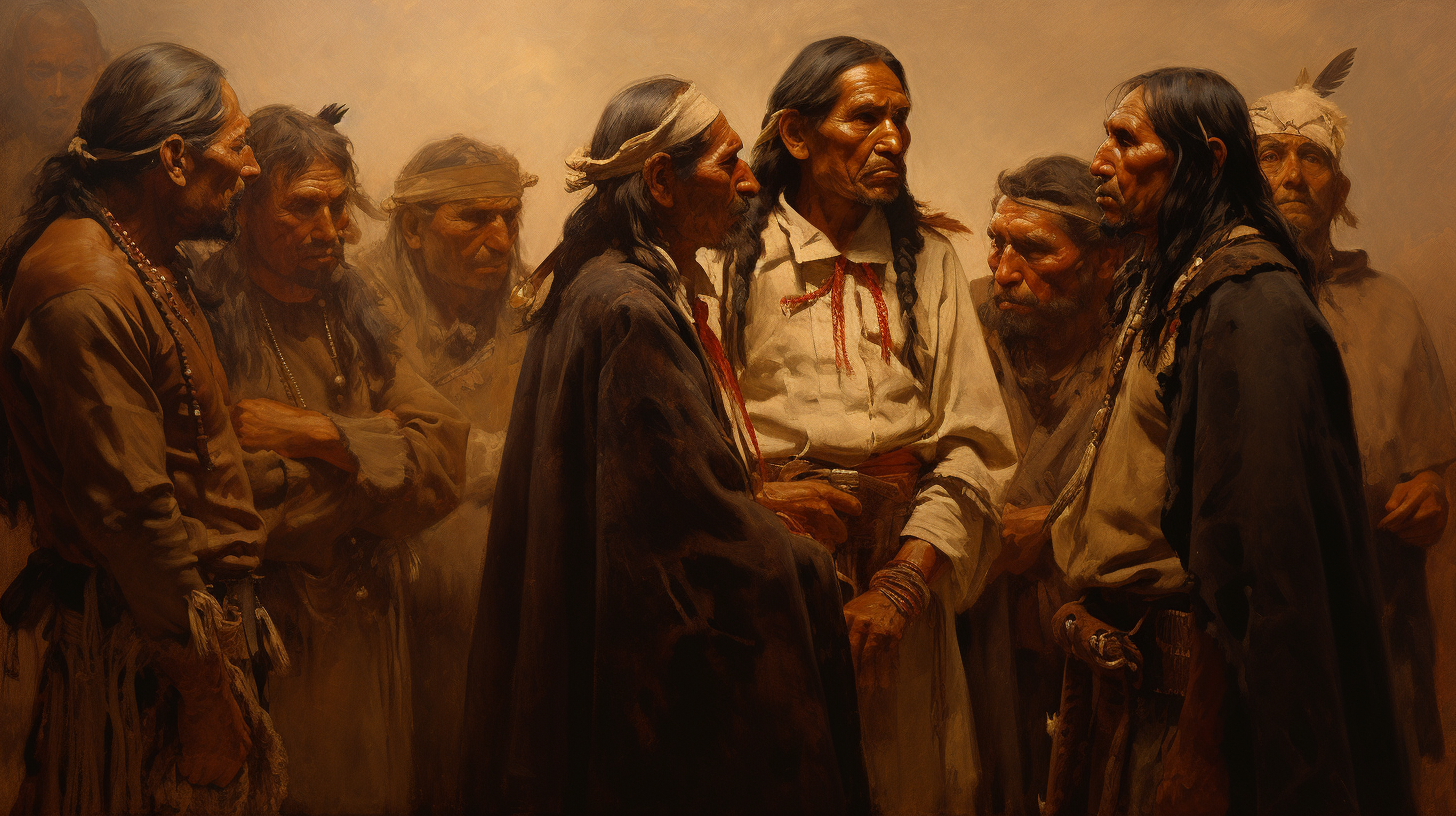 Ancient Spanish Army and Apache Native Americans making a deal