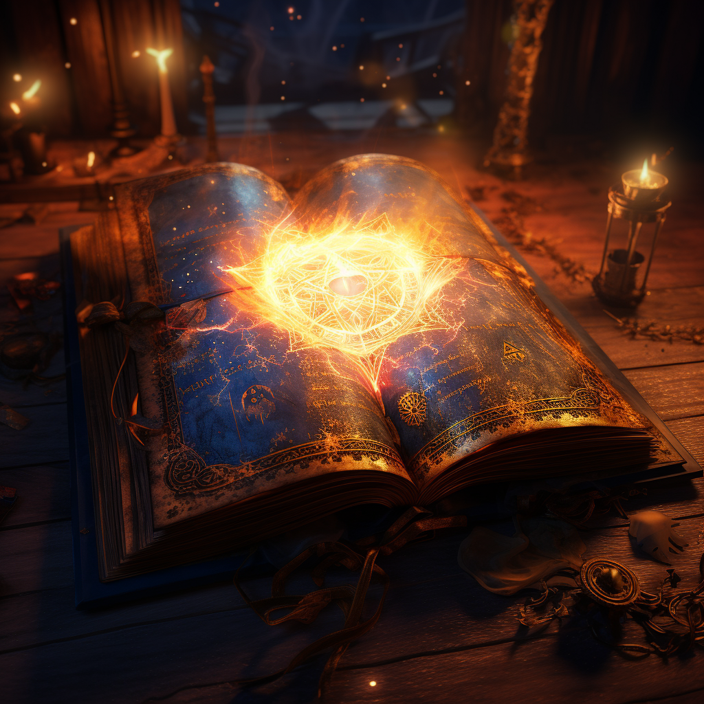 Glowing ancient spell book on table