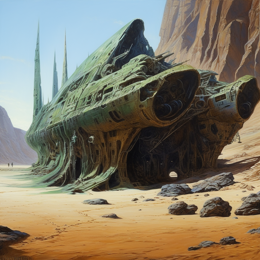 Majestic ancient star ship on alien planet