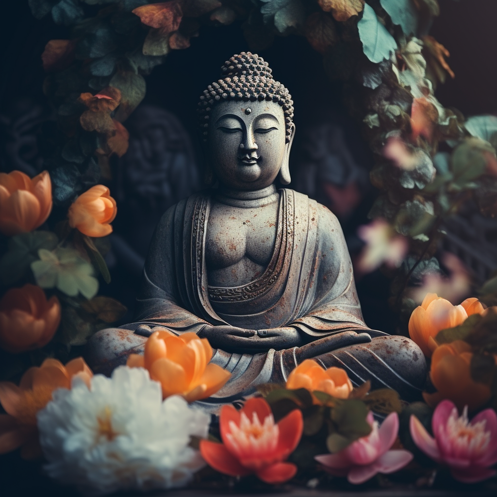 Serene Buddha Meditating Amongst Stone and Flowers