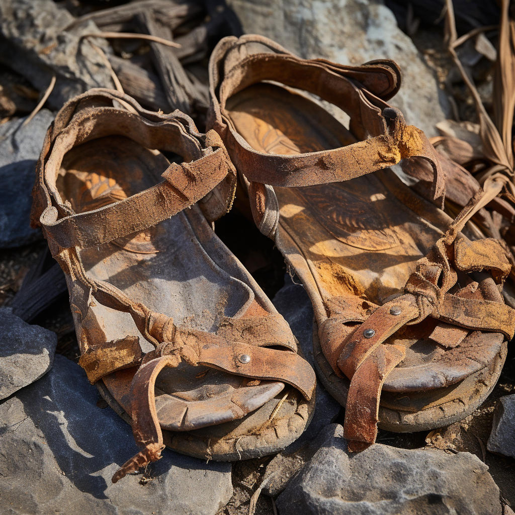 Aged worn-out Greek sandals on display