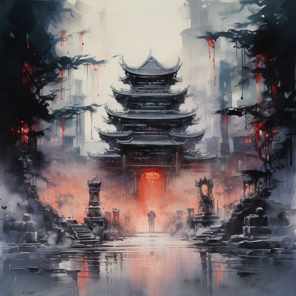 Grim gloomy ancient temple district concept art