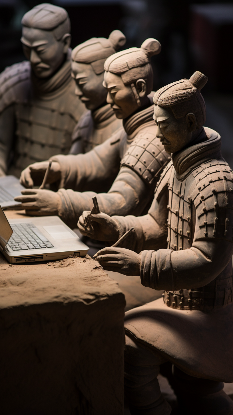 Terracotta warriors with electronic computers at archaeological site