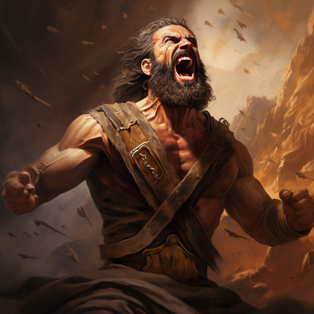 Muscular ancient man shouting in war scene