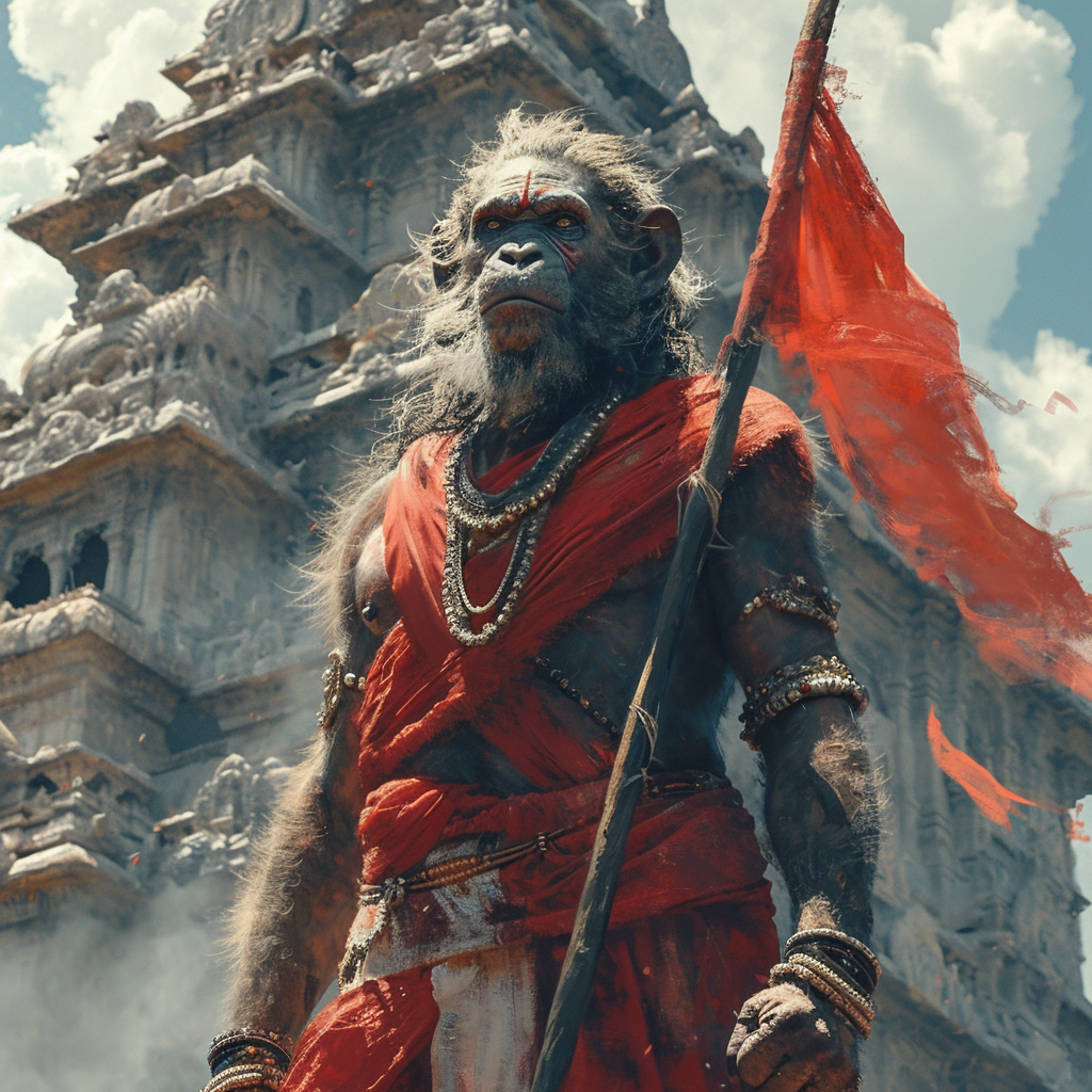 Ancient warrior lord Hanuman on temple pinnacle