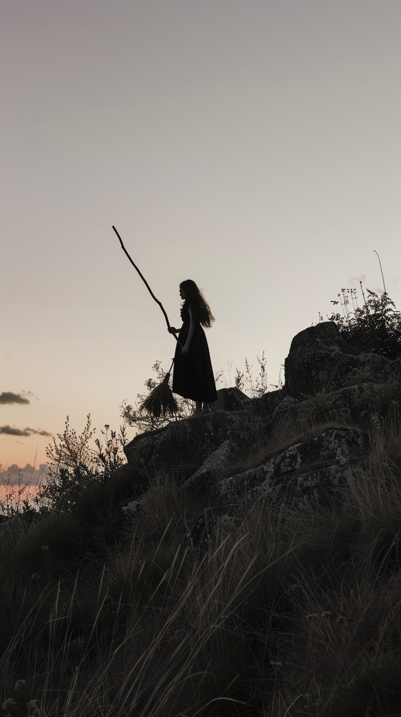 Ancient witch with broomstick observing horizon