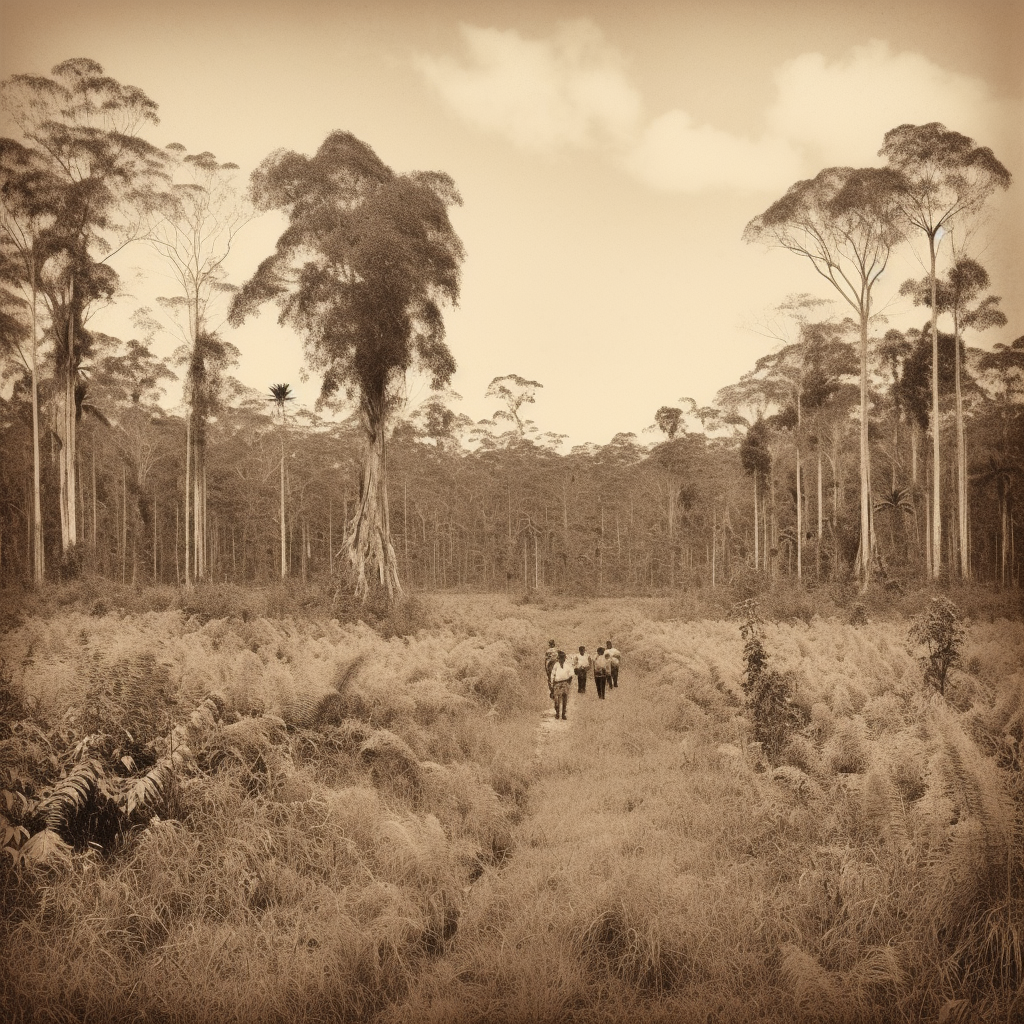 Sepia-toned photo of giants in field