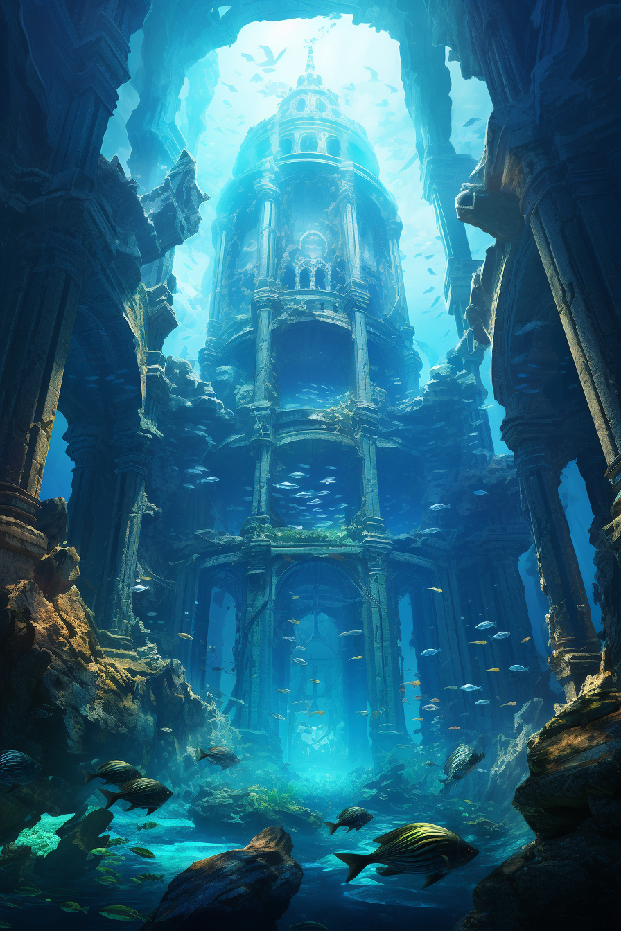 Ancient Atlantis city beneath the serene sea