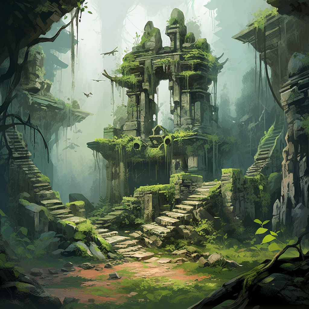 Ancient Chinese ruins in a mystical forest