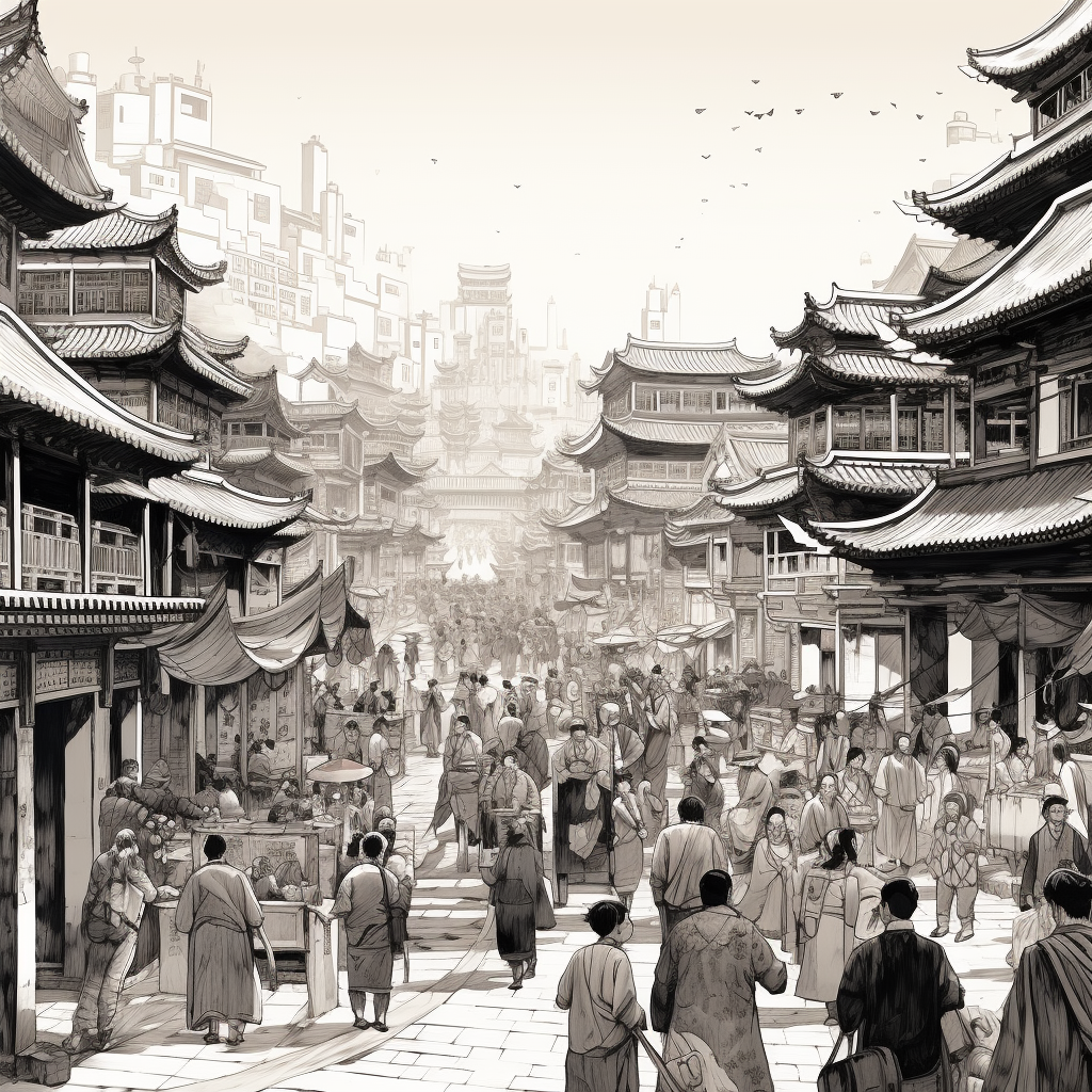 Illustration of Ancient Chinese Town with People