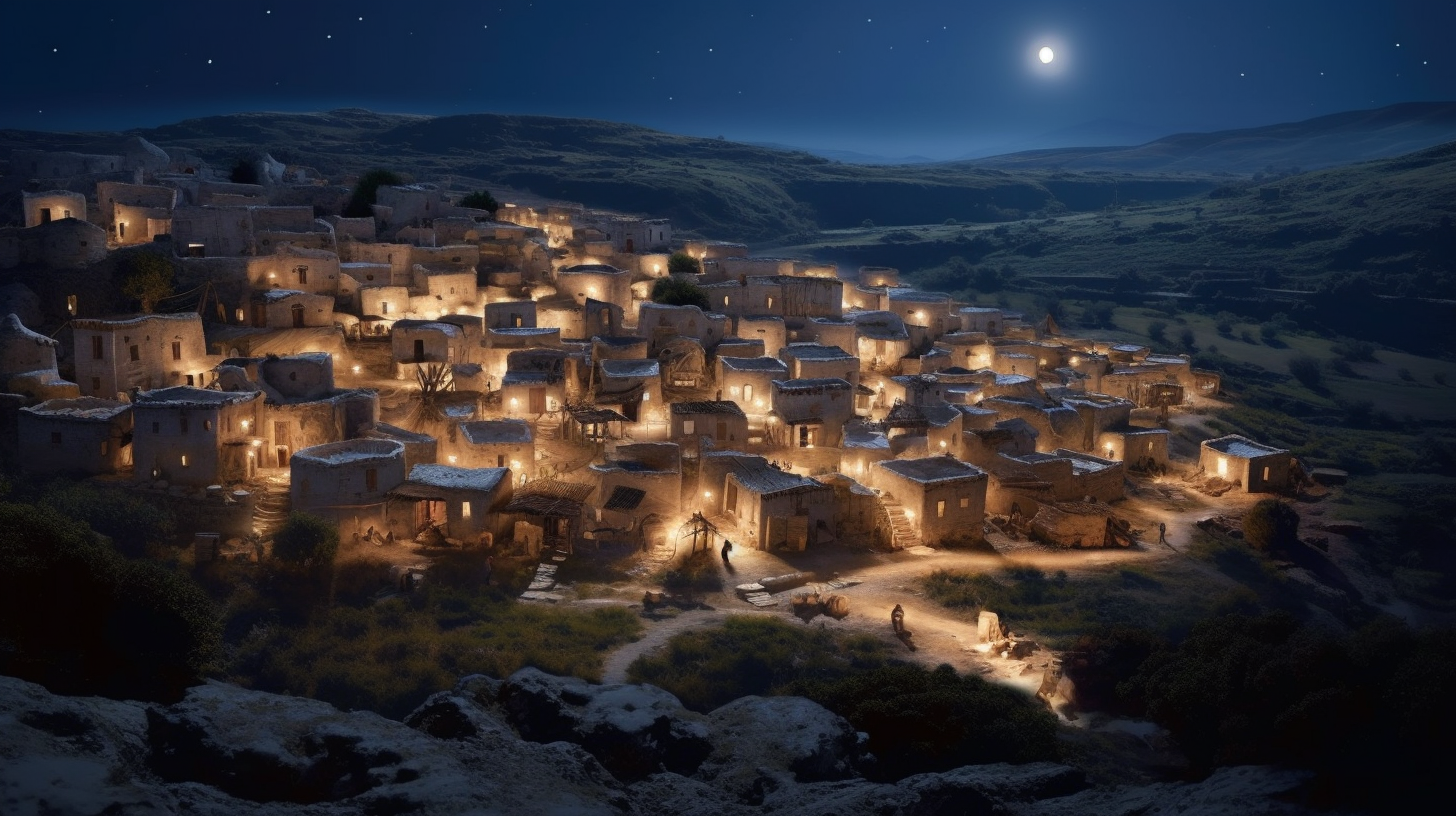 Serene moonlit ancient Greek village