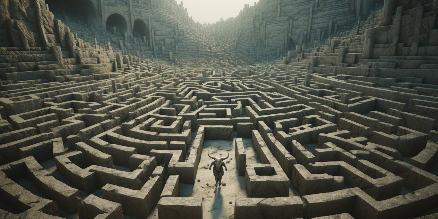 Mysterious ancient labyrinth with distant minotaur