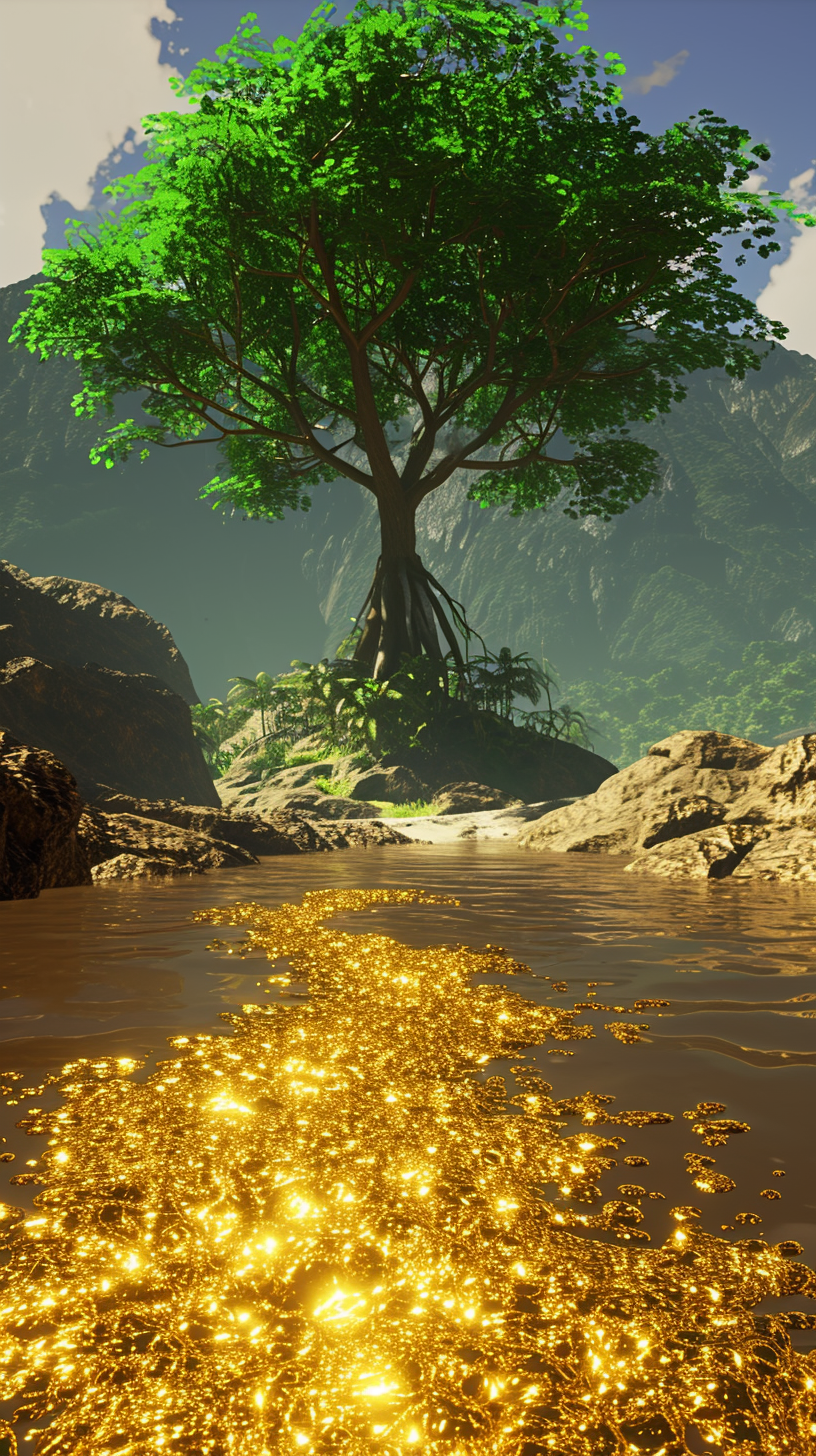 Ancient life in paradise with gold tree