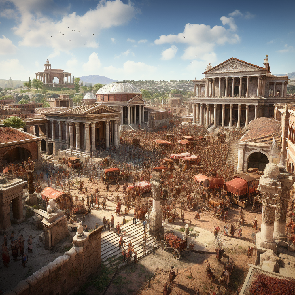 Realistic depiction of the bustling Ancient Roman Forum