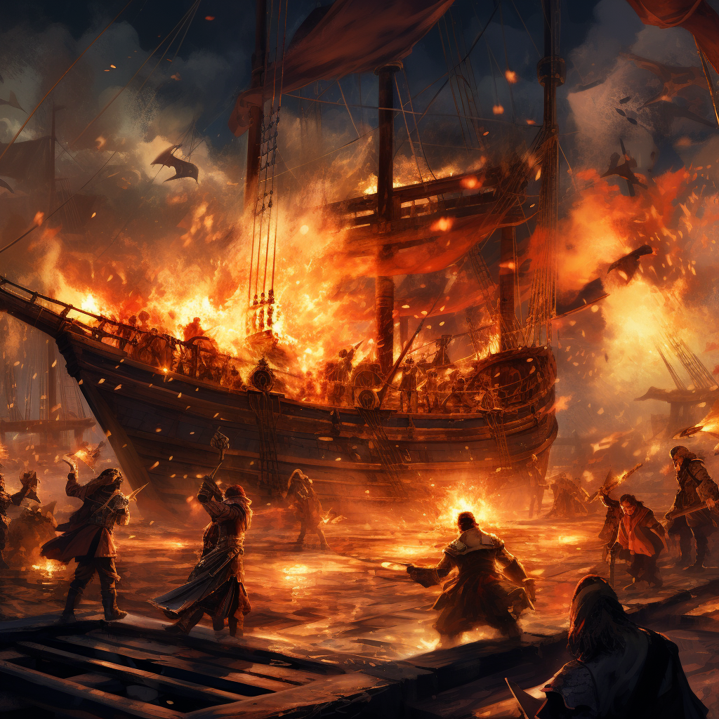 Ancient sailors engaged in fiery sword fight