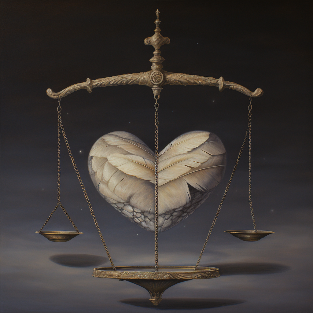 Ancient scales with feather and heart artwork