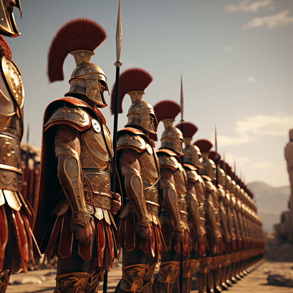 A group of ancient soldiers standing in a row with a surprised soldier