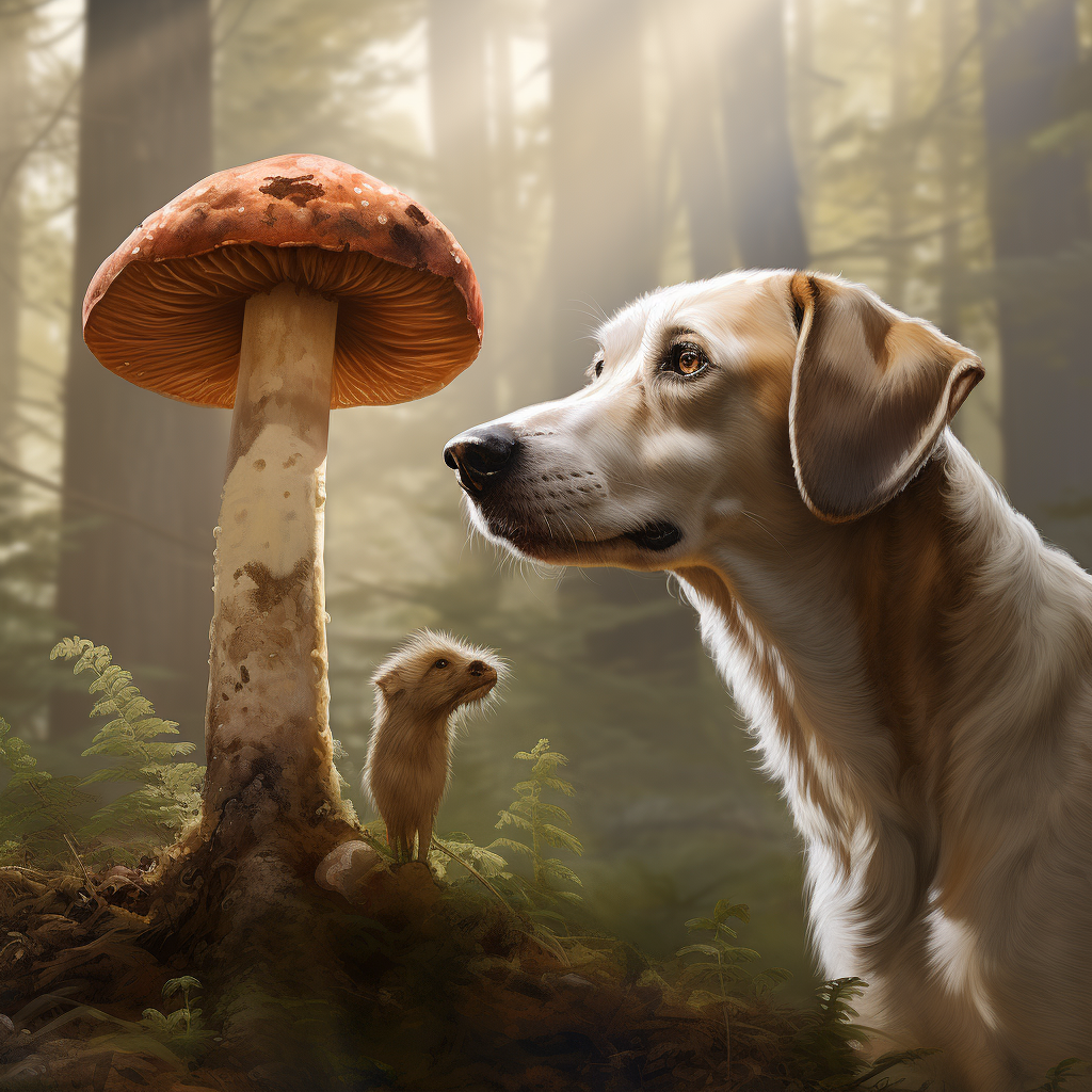 Andalusian wine dog smelling mushroom