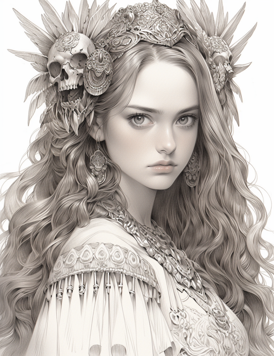 Stunning black and white sketch art of an Andean Inca princess