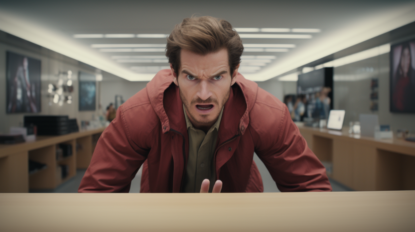 Andrew Garfield gazes at smartphone store desk