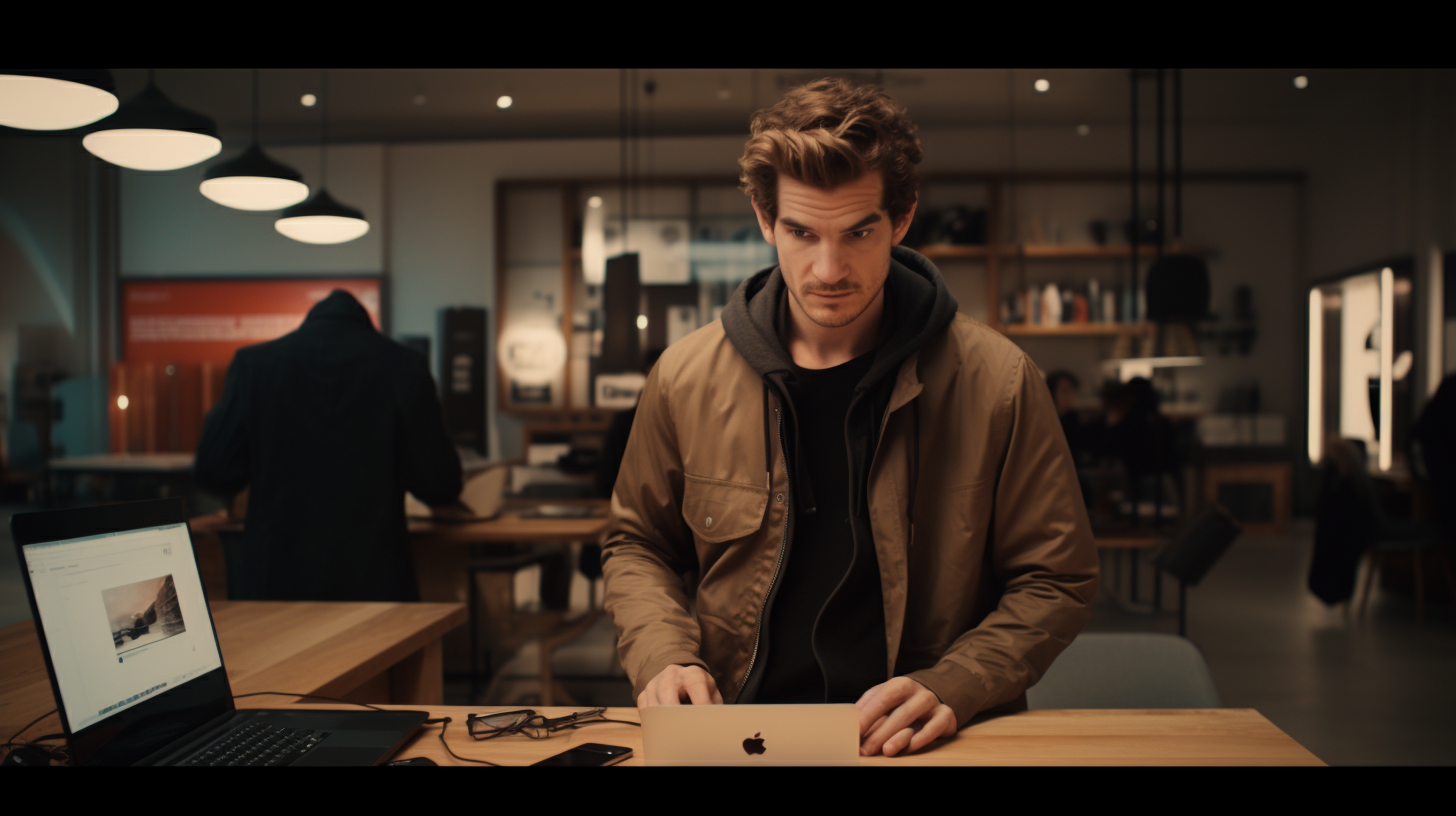 Andrew Garfield in smartphone store